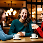 **

"A group of fully clothed friends laughing and talking in a warmly lit, cozy cafe. Soft lighting, comfortable seating, coffee cups on the table. Safe for work, appropriate content, perfect anatomy, natural proportions, professional, modest clothing, family-friendly setting."

**